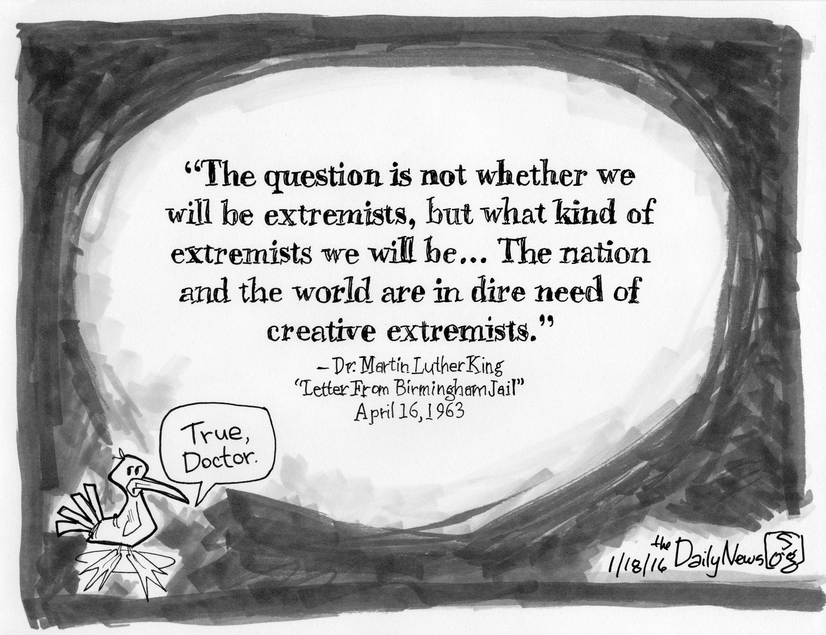 Daily News’ editorial cartoon honoring MLK with his own words